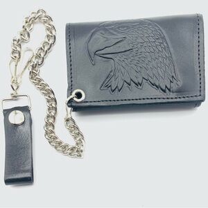 Black Genuine Leather Biker Chain Wallet – Embossed Eagle – Made in USA